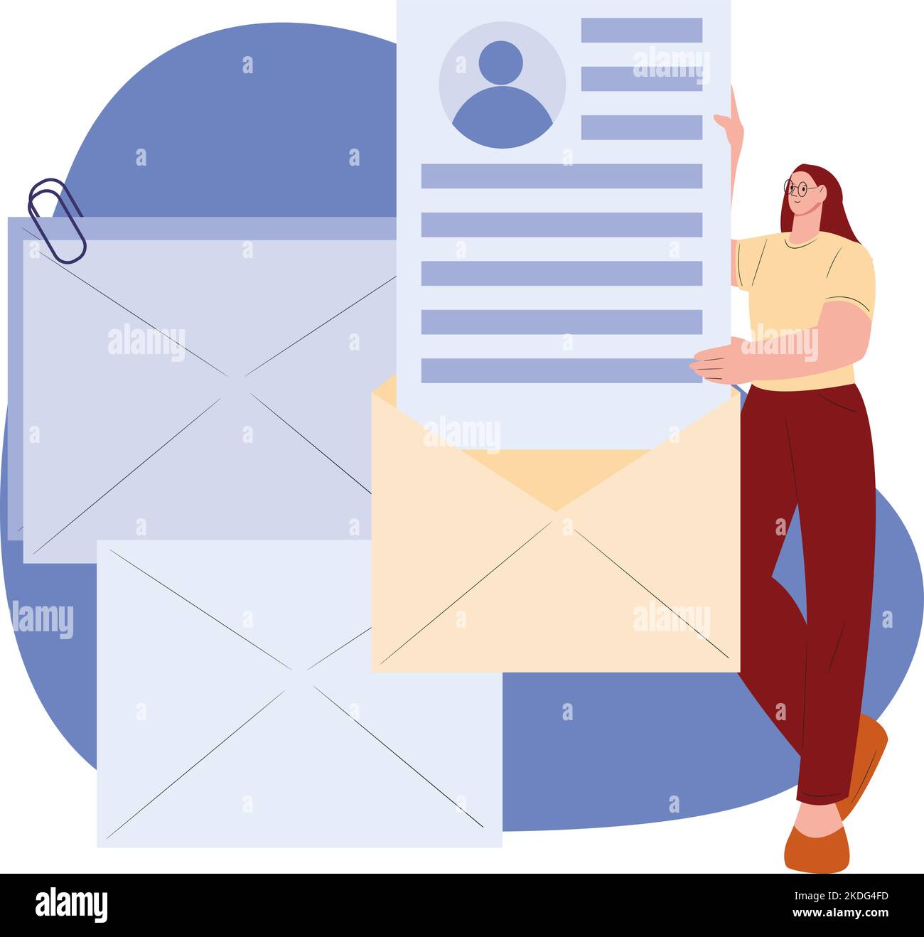 Business letters vector concept. Student with CV in envelope. Young flat HR worker hold resume of employee. Digital information, email send or receive Stock Vector