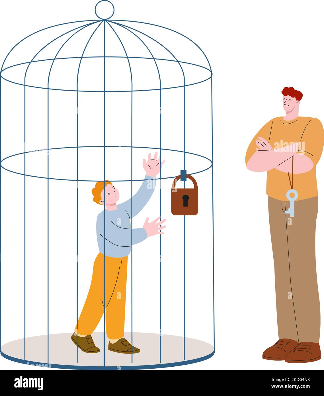 Violence against children. Boy in cage under lock and adult with key outside. Punishment loneliness, psychological pressure flat vector metaphor Stock Vector