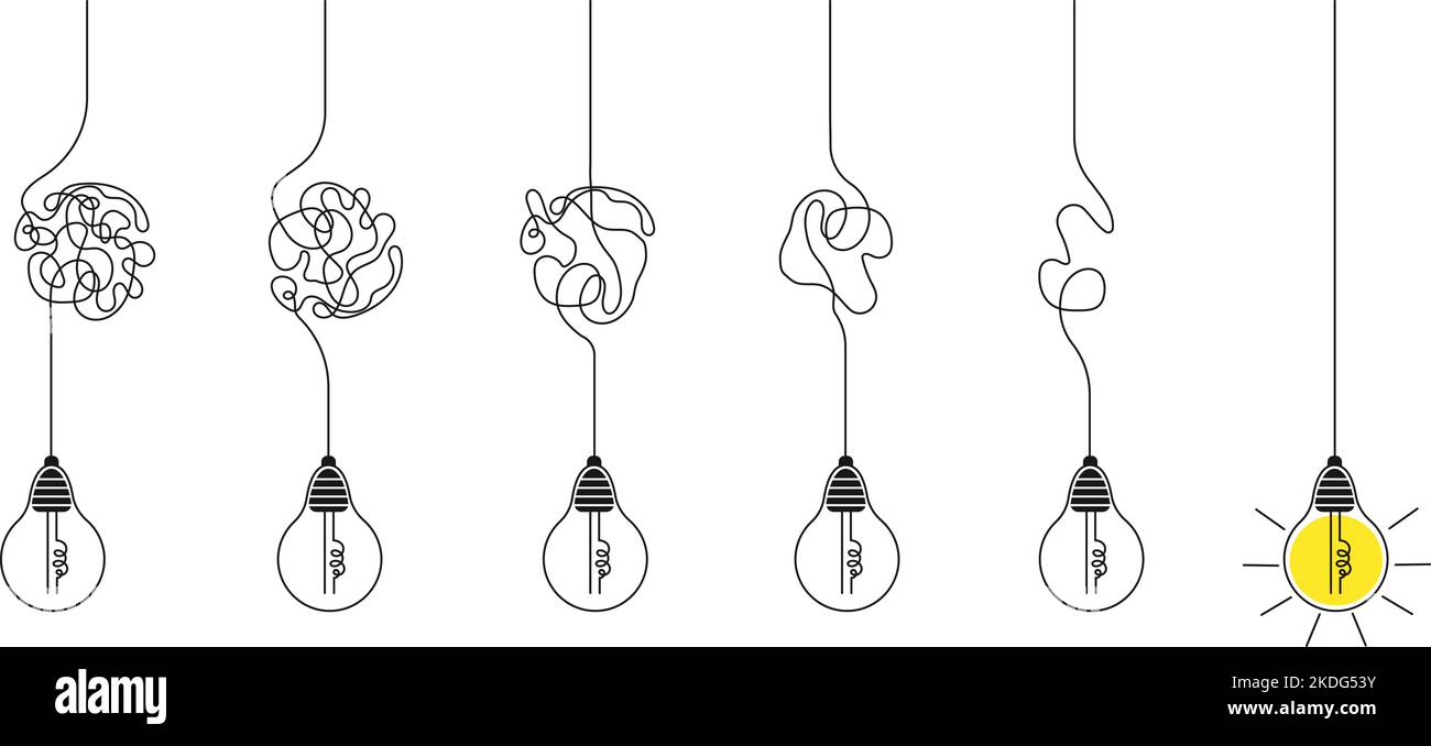 Tangled lines problem solving business metaphor and lamps. Simplicity untangled concept. Positive easier thinking way decent vector banner Stock Vector