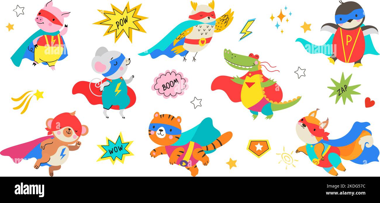 Cute cartoon superhero animals in masks and capes. Draw baby hero, animal comic stickers for children. Super strong mouse, pig and tiger, nowaday Stock Vector