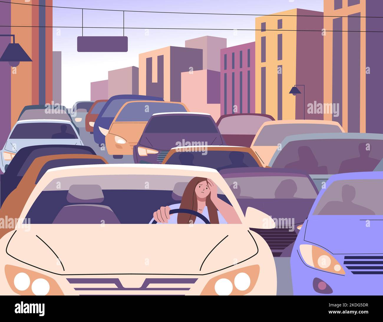 Morning city traffic jam and sleepy female driver. Woman driving car slow moving in urban auto flow. Tired kicky girl and modern town problems vector Stock Vector