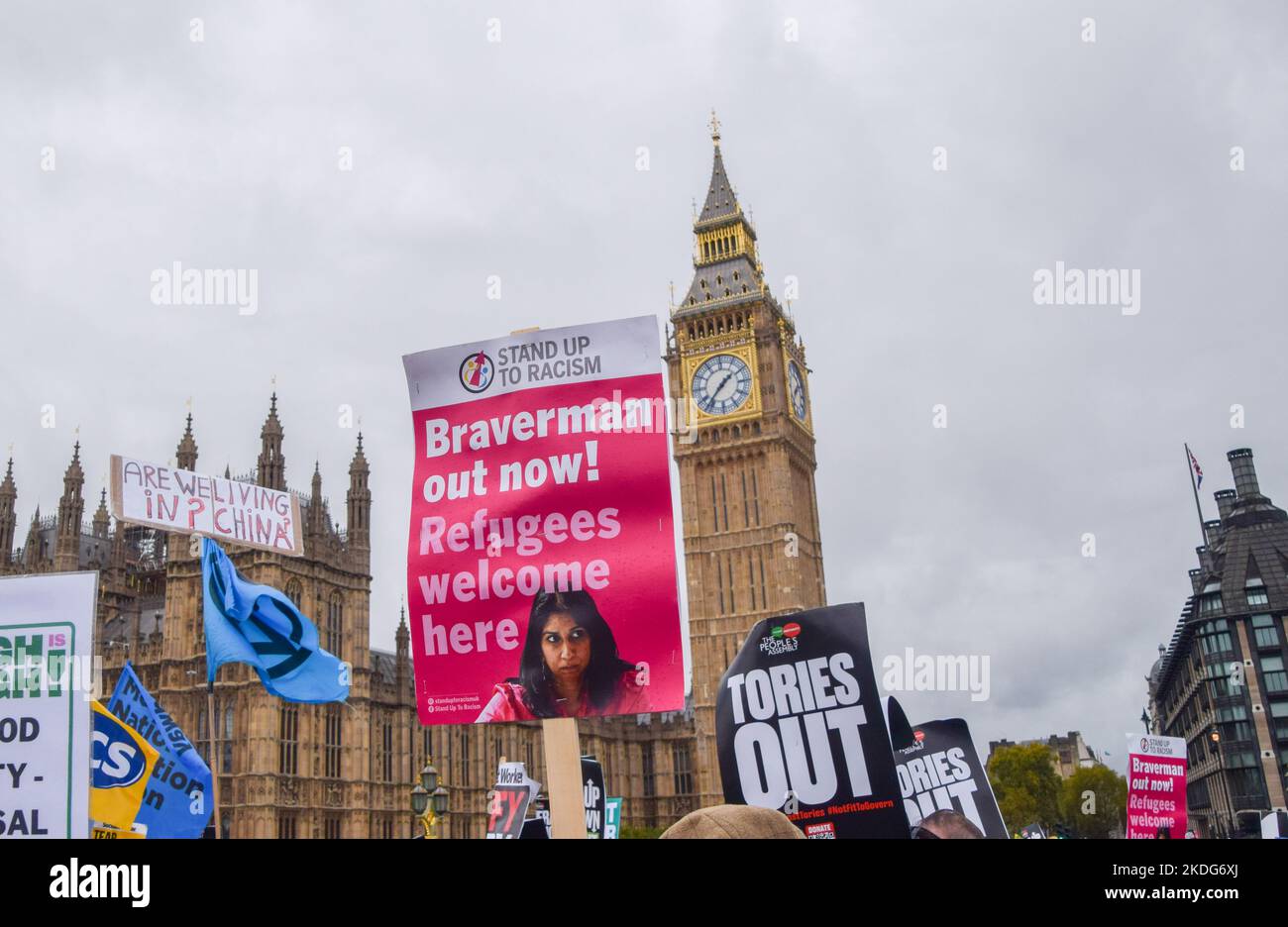 London, UK. 5th November 2022. Protesters on Westminster Bridge. Thousands of people from various groups took part in The People's Assembly Britain is Broken march through Central London demanding a general election, an end to Tory rule, and action on the cost of living and climate crisis. Stock Photo