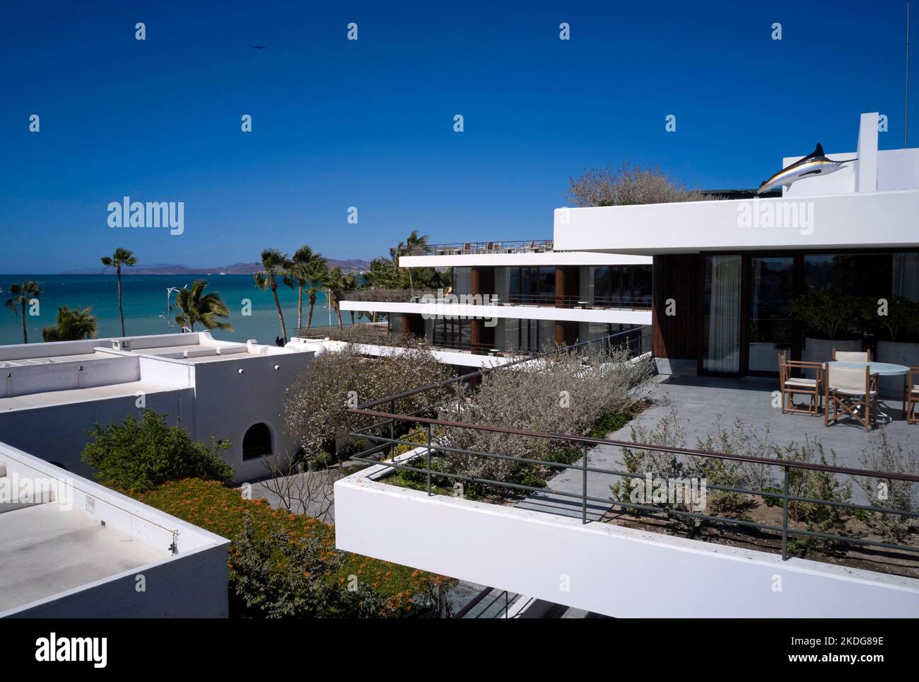 Early morning drone view. Hotel Baja Club, La Paz, Mexico. Architect