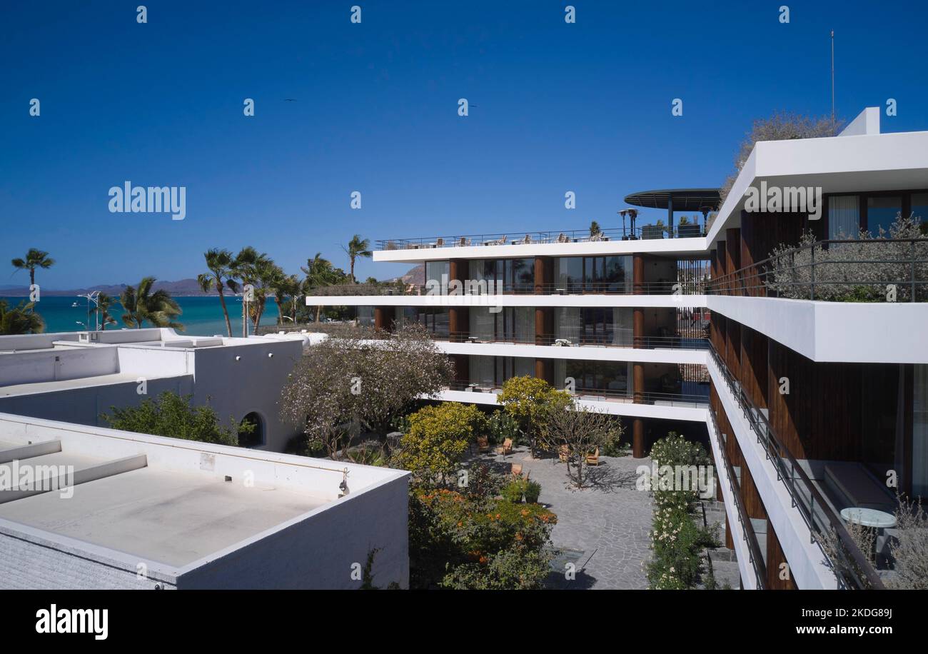 Early morning drone view. Hotel Baja Club, La Paz, Mexico. Architect