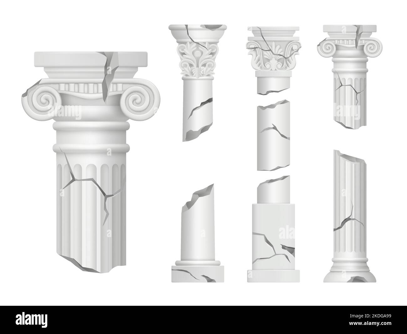 Broken pillars. Authentic columns classical damaged realistic decor pillars decent vector templates set Stock Vector