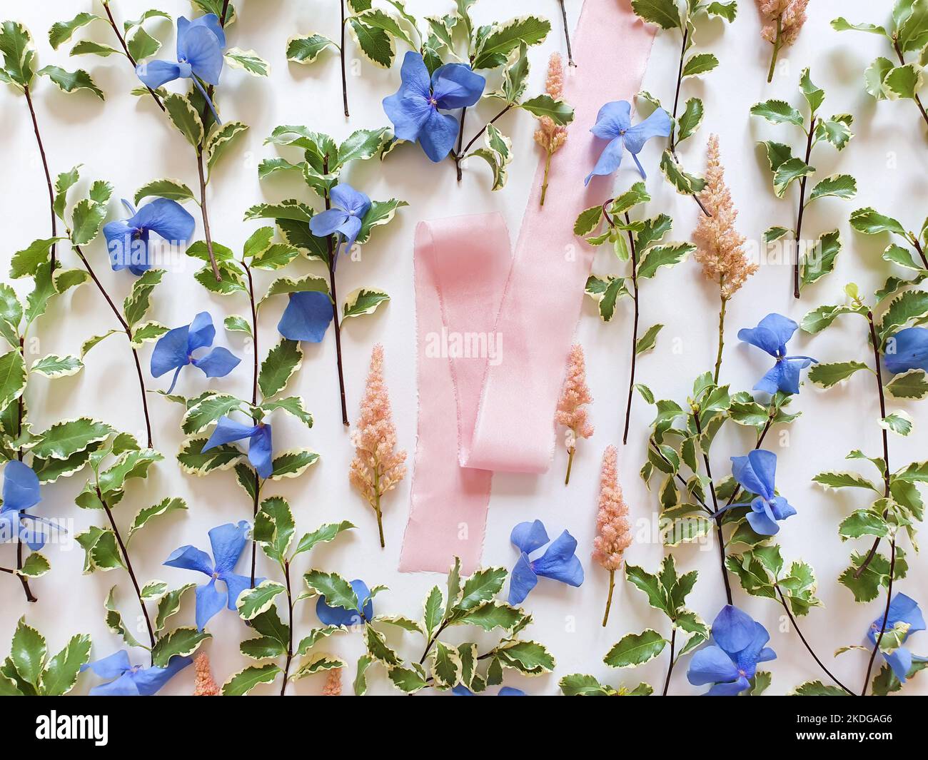 Pink silk ribbon, fresh greens, blue and pink flowers on white ...