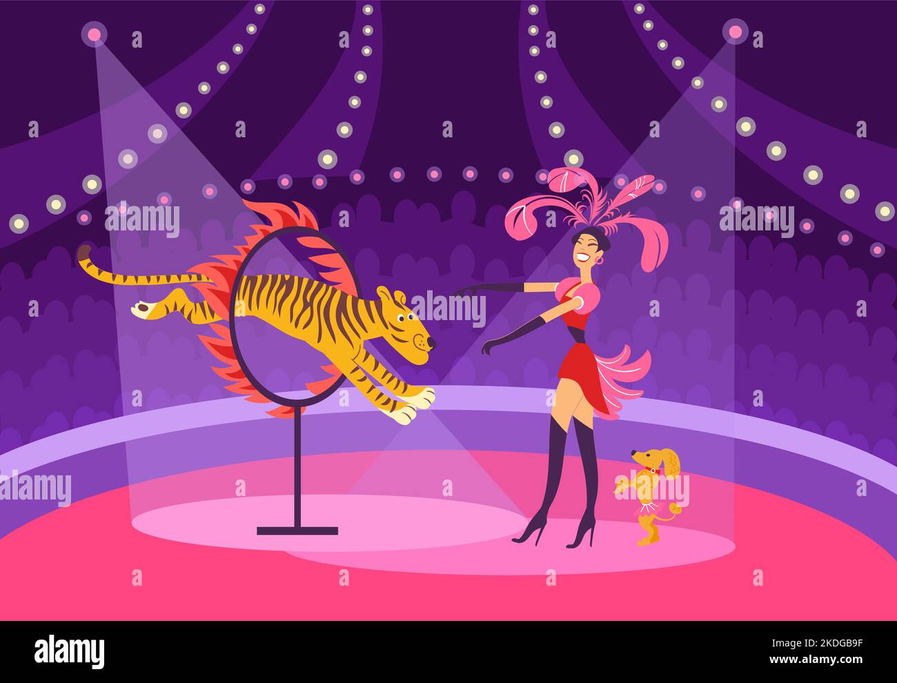Cartoon circus show. Arena performance with trainers and animals