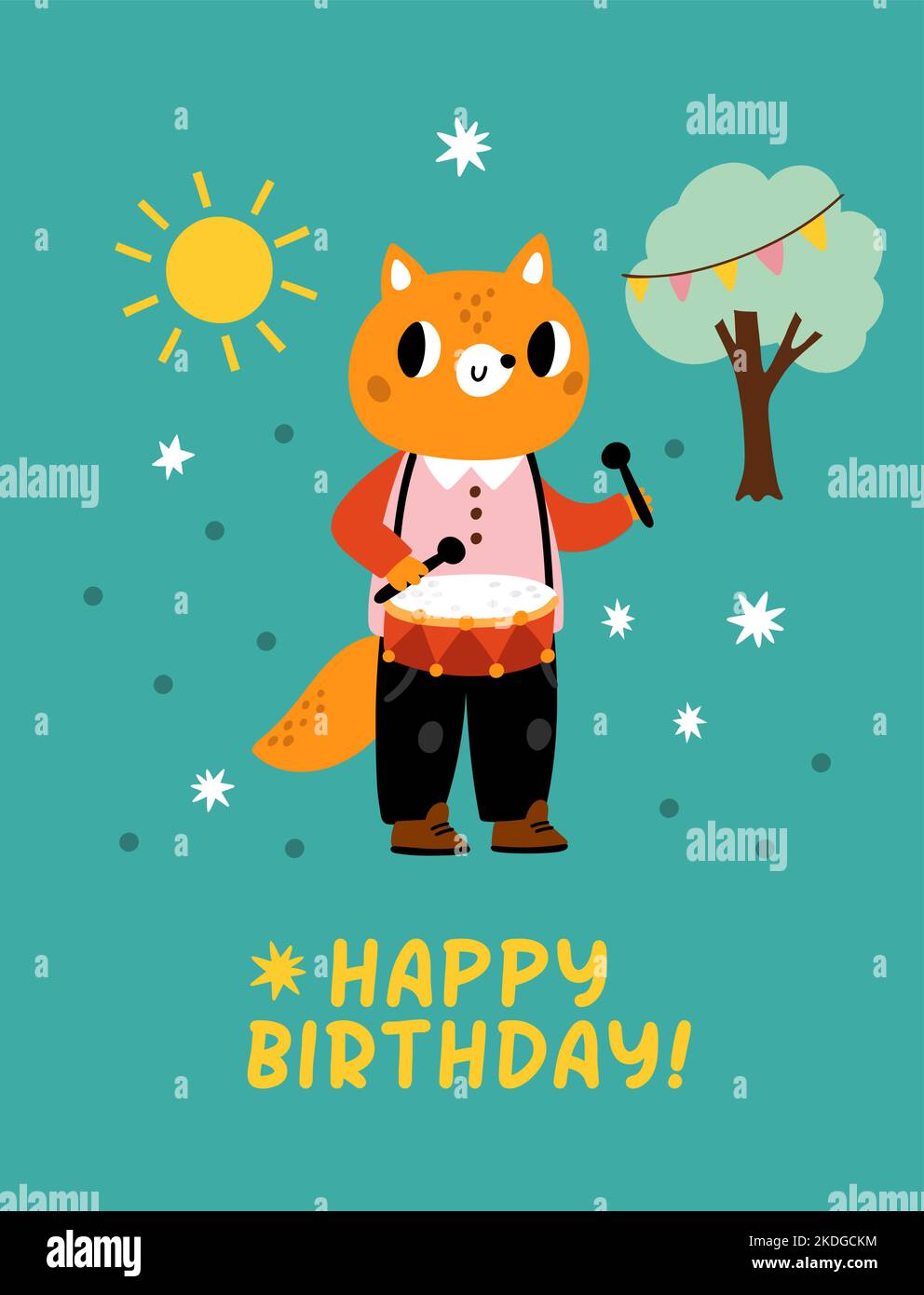 Happy birthday card with cute fox. Poster template Stock Vector Image ...