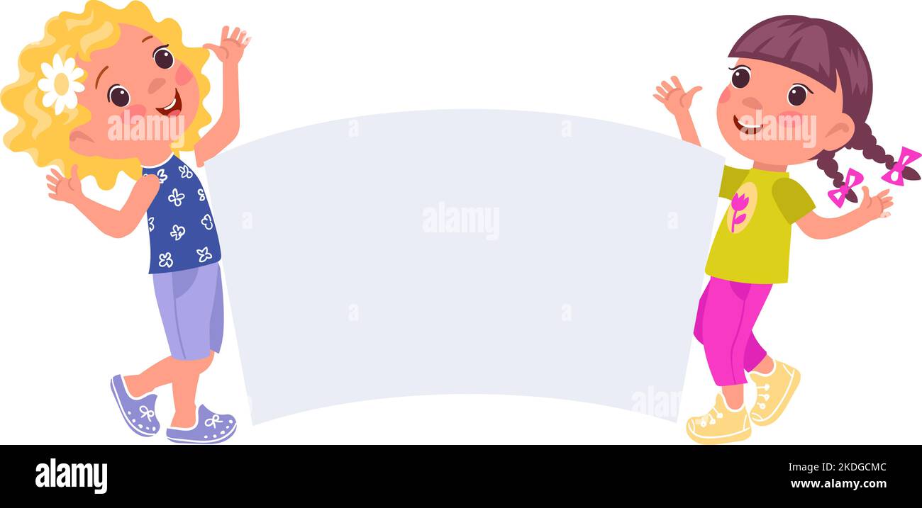 Happy girls with white banner. Blank space children marketing Stock
