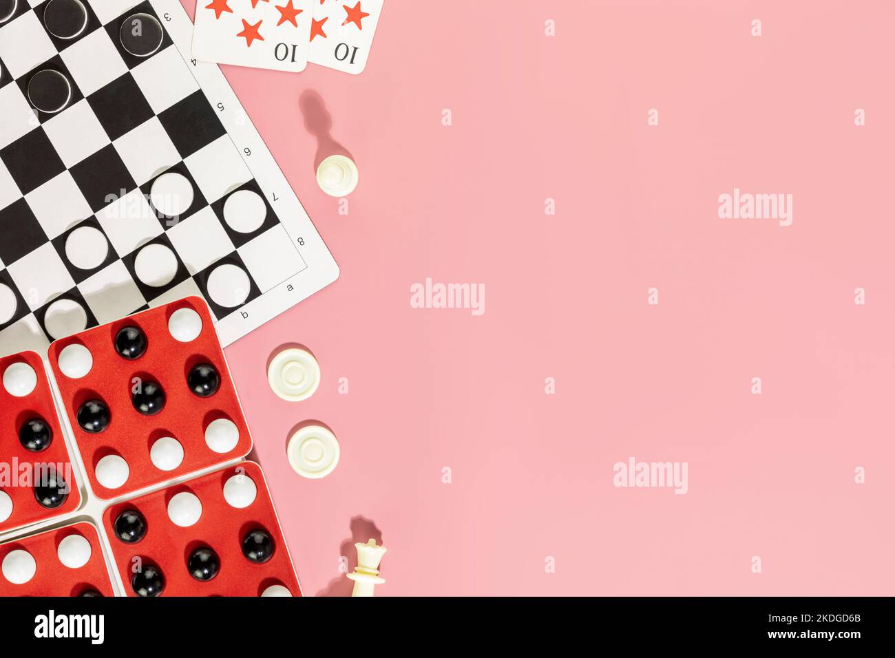 Board games background. Various board games with chess pieces, checkers