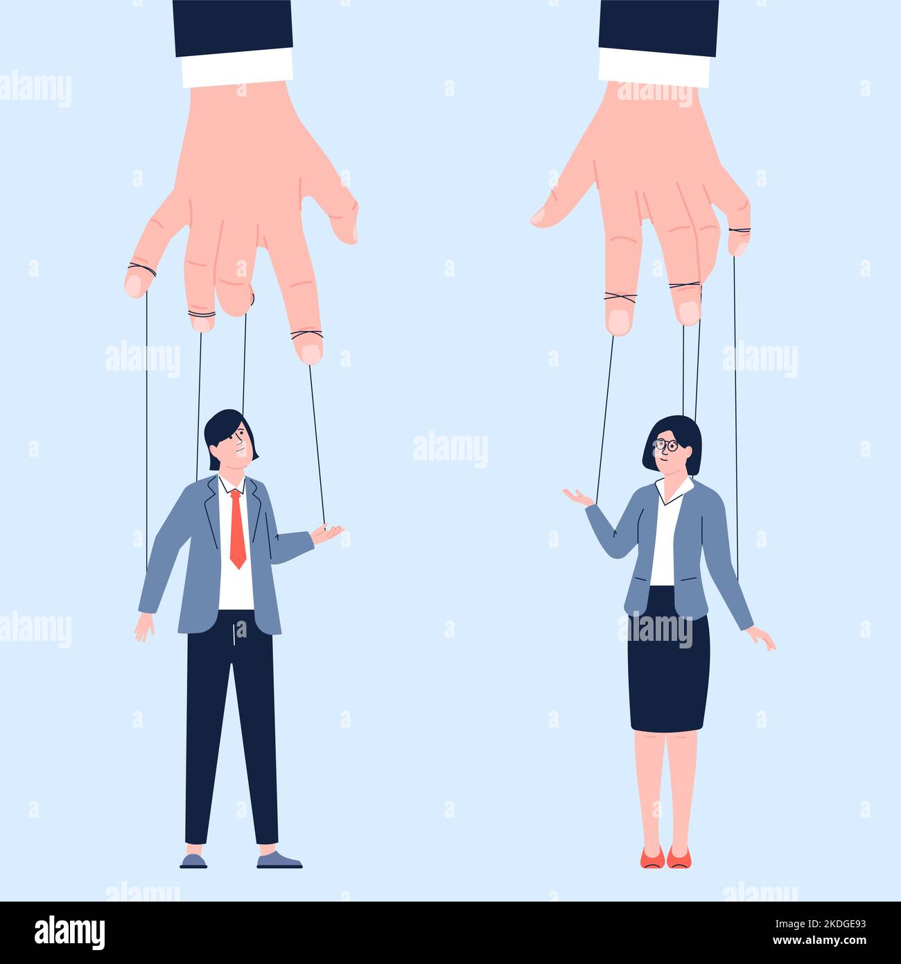 Businesspeople puppets. Manipulating in business and finance, big boss and tiny people. World invest management, recent vector corporate system Stock Vector