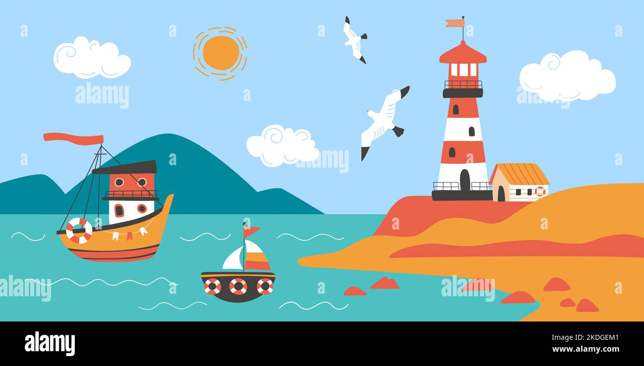 Ocean coast cartoon landscape. Ship and sailboat in sea, flying seagulls and lighthouse on ground. Scandinavian childish classy vector background Stock Vector