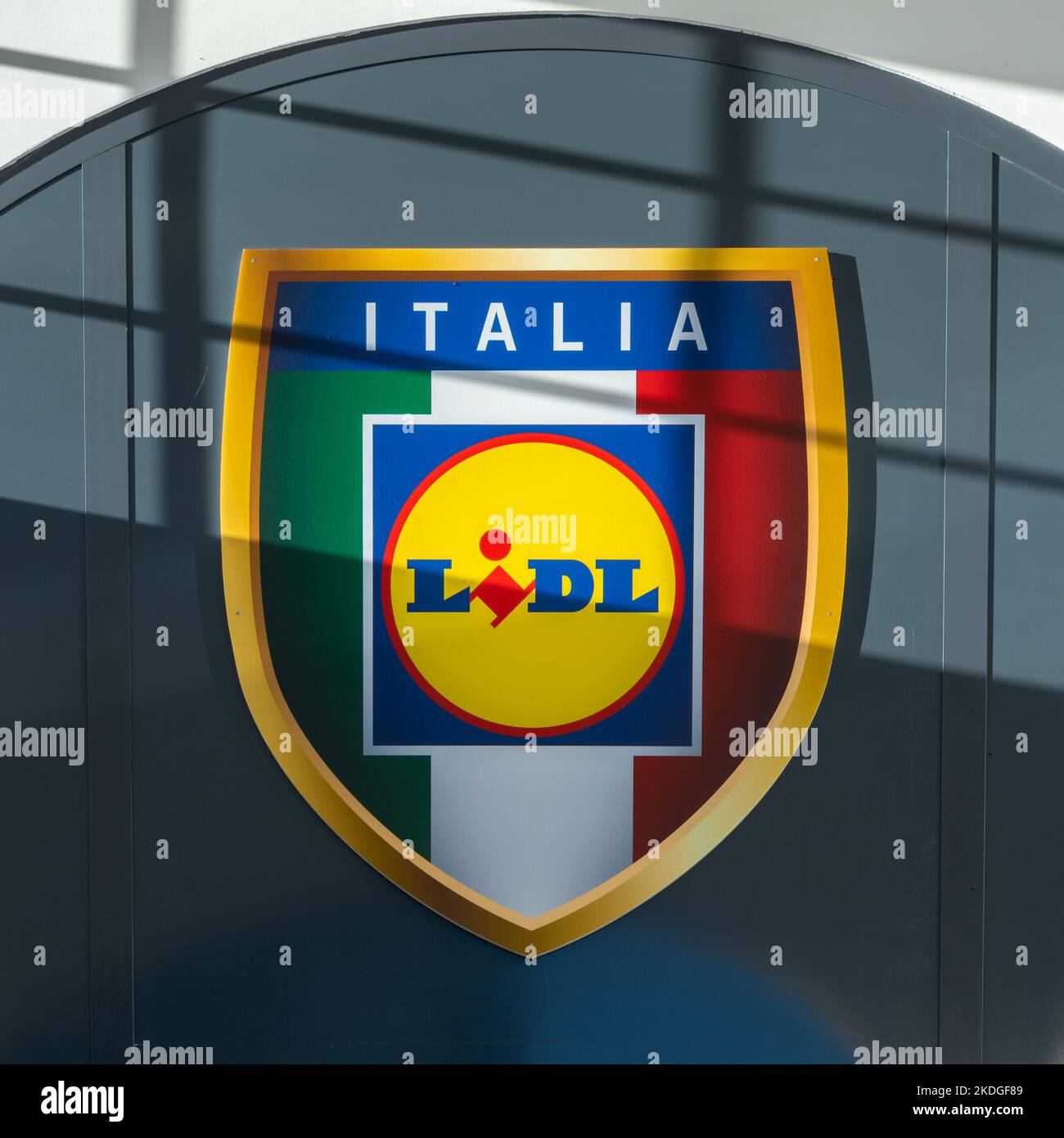 Carmagnola, Turin, Italy - November 05, 2022: the Lidl Italia logo on sign of the new Lidl discount store, Lidl Stiftung Co. KG is a European supermar Stock Photo
