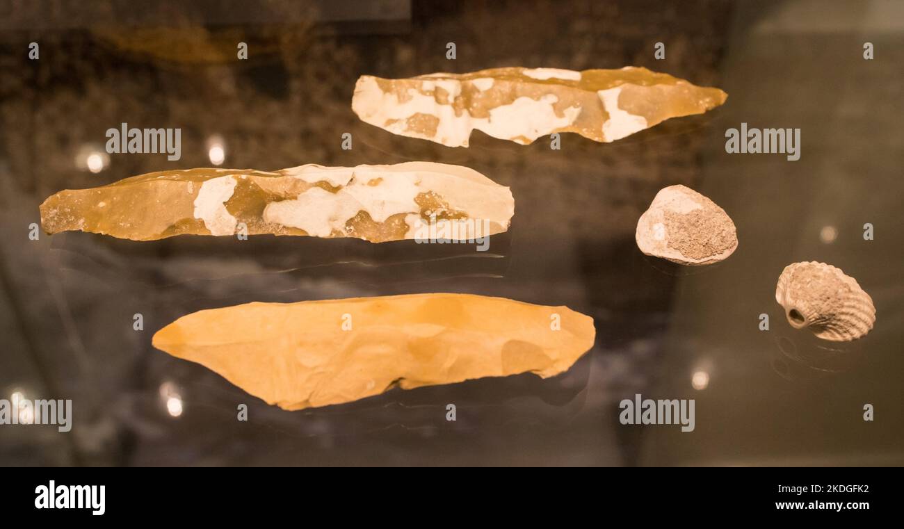 Leiden, The Netherlands - JAN 04, 2020: prehistoric tools made of stone from ancient cyprus at Rijksmuseum van Oudheden, Leiden. Stock Photo
