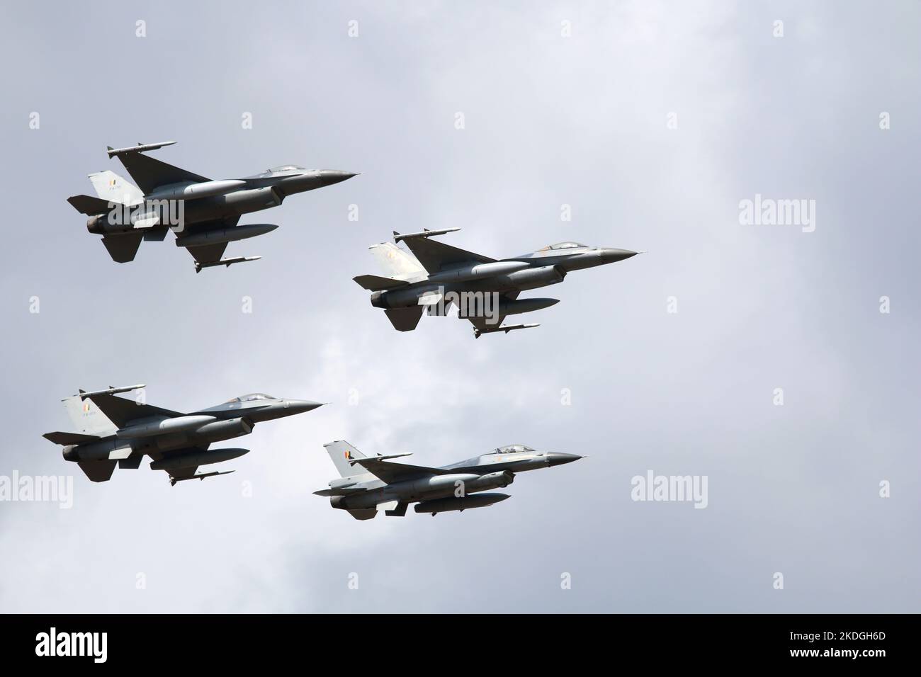 Kleine Brogel, Belgium - SEP 08, 2018: formation of Belgium F-16 fighter jets flying through the sky. Military aircraft formation flying. Stock Photo
