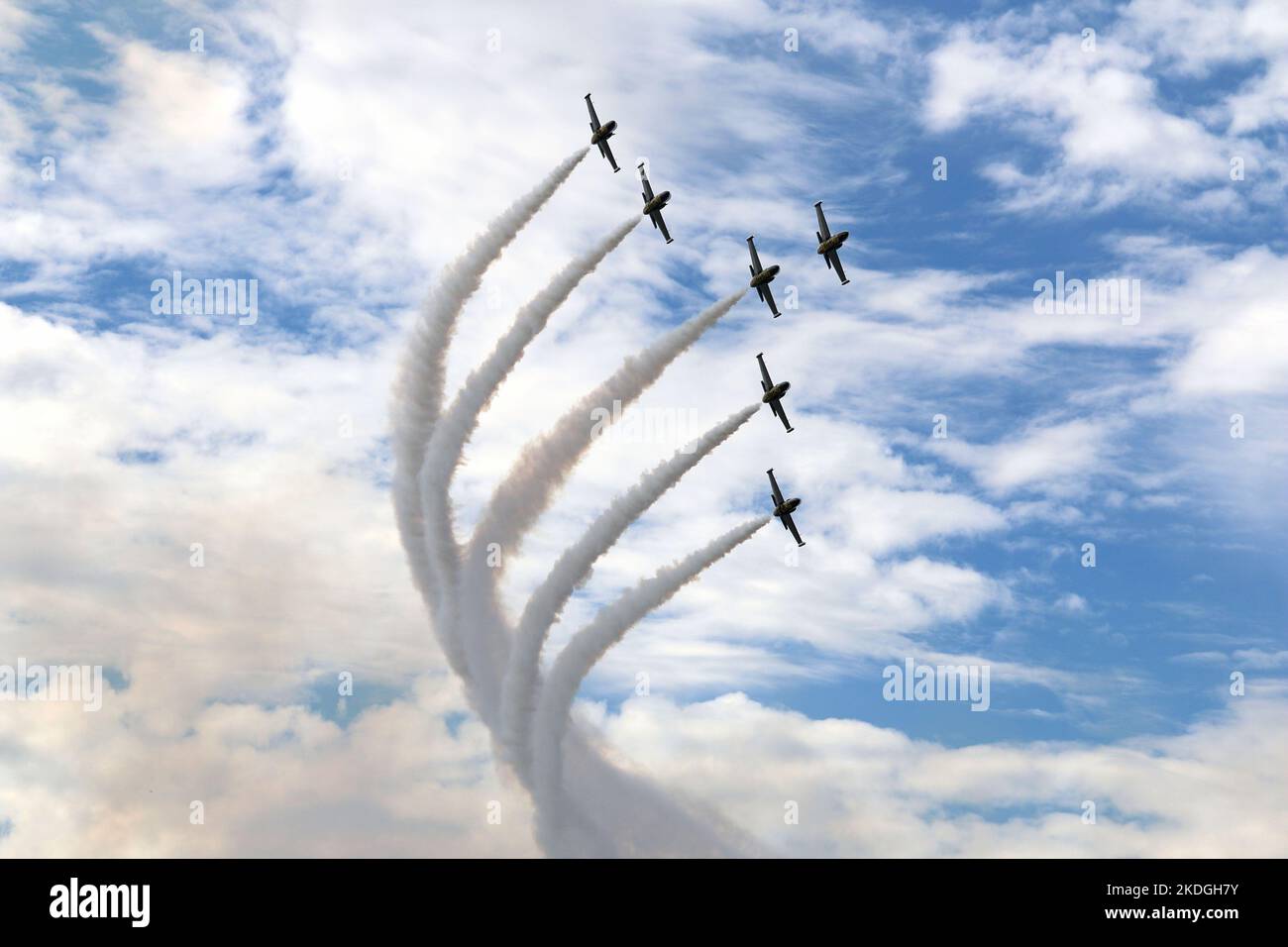 Kleine Brogel, Belgium - SEP 09, 2018: Breitling team formation flying with white smoke on an airshow at Kleine Brogel, Belgium. Stock Photo
