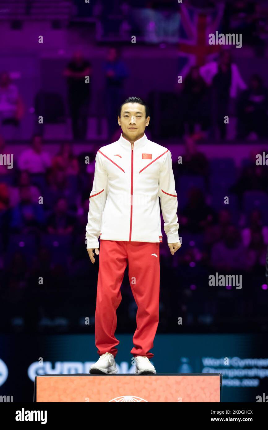 Liverpool, UK. 06th Nov, 2022. Liverpool, England, November 6th 2022 Jingyuan Zou (CHN) (Gold) during the Medal Ceremony of Parallel Bars during the Apparatus Finals at the FIG World Gymnastics Championships at the M&S Bank Arena in Liverpool, England Dan O' Connor (Dan O' Connor/SPP) Credit: SPP Sport Press Photo. /Alamy Live News Stock Photo