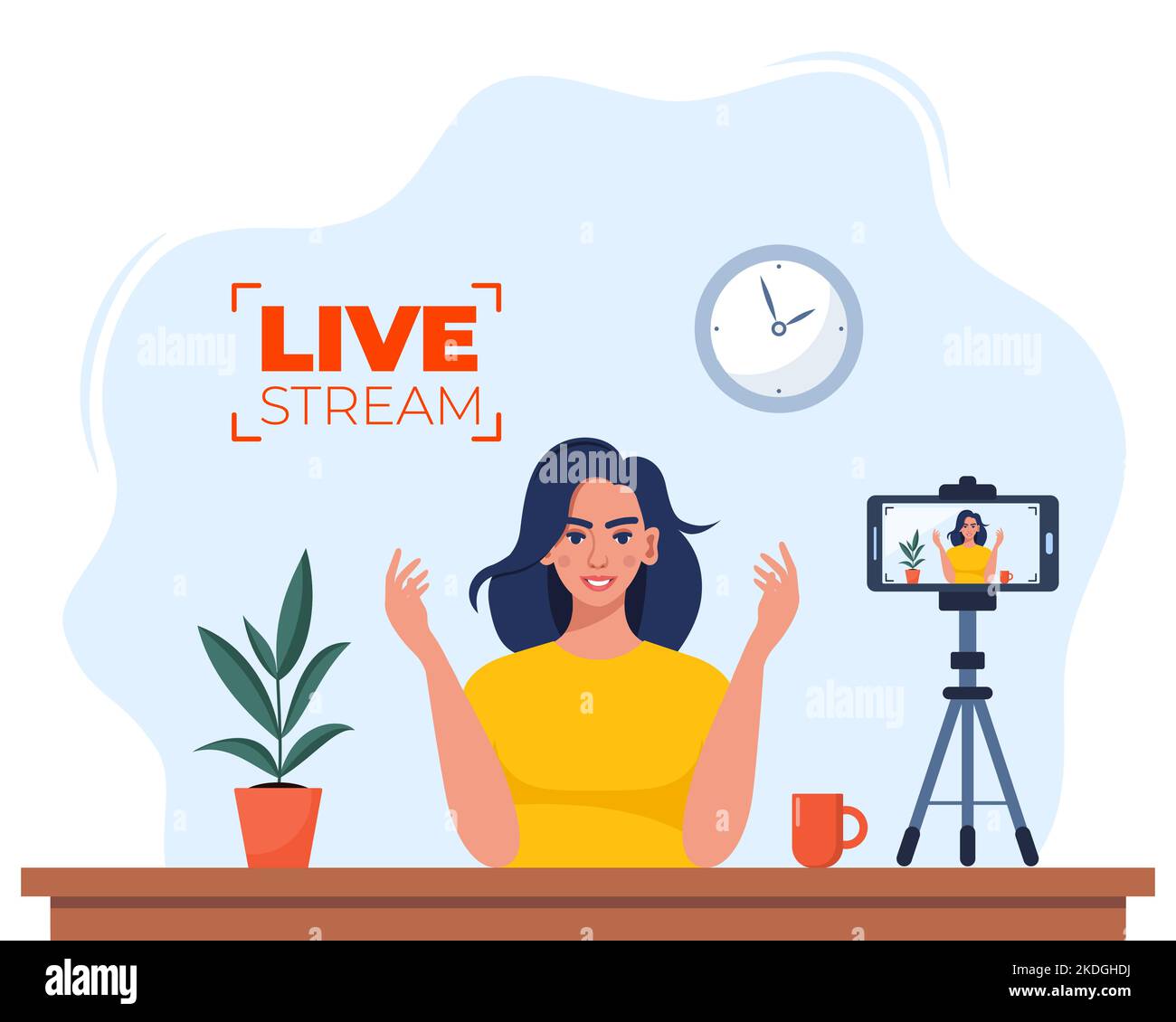 Blogger communicates in live stream with followers. Woman records video content on camera. Influencer creating video for a blog. Video blogging concep Stock Vector