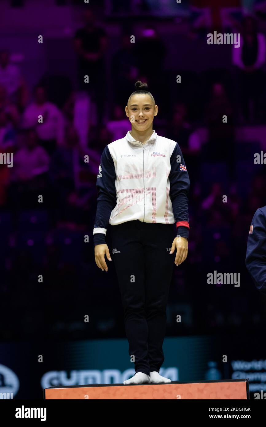 Liverpool, UK. 06th Nov, 2022. Liverpool, England, November 6th 2022 Jessica Gadirova (GBR) (Gold) during the Medal Ceremony of Floor Exercise during the Apparatus Finals at the FIG World Gymnastics Championships at the M&S Bank Arena in Liverpool, England Dan O' Connor (Dan O' Connor/SPP) Credit: SPP Sport Press Photo. /Alamy Live News Stock Photo