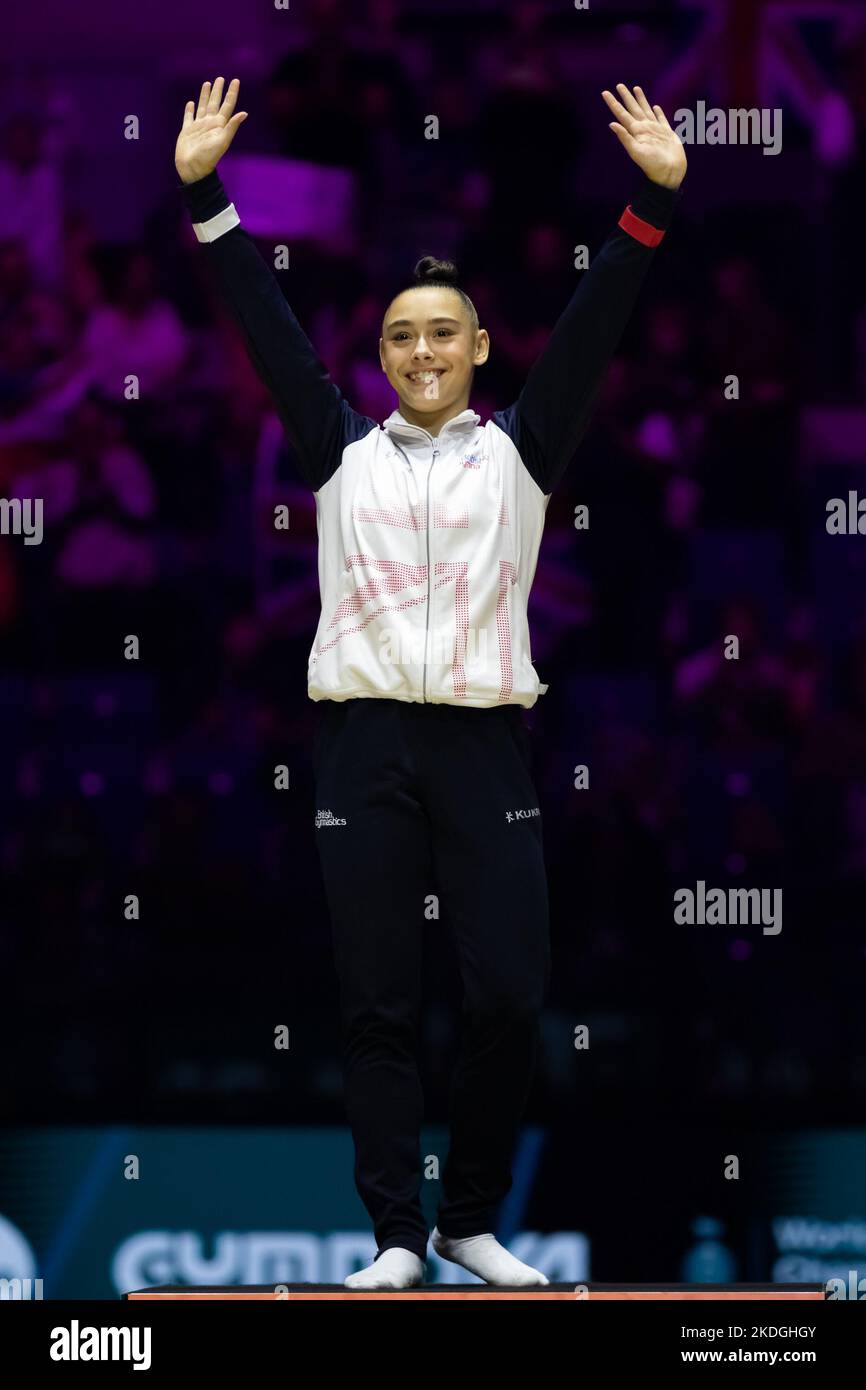 Liverpool, UK. 06th Nov, 2022. Liverpool, England, November 6th 2022 Jessica Gadirova (GBR) (Gold) during the Medal Ceremony of Floor Exercise during the Apparatus Finals at the FIG World Gymnastics Championships at the M&S Bank Arena in Liverpool, England Dan O' Connor (Dan O' Connor/SPP) Credit: SPP Sport Press Photo. /Alamy Live News Stock Photo