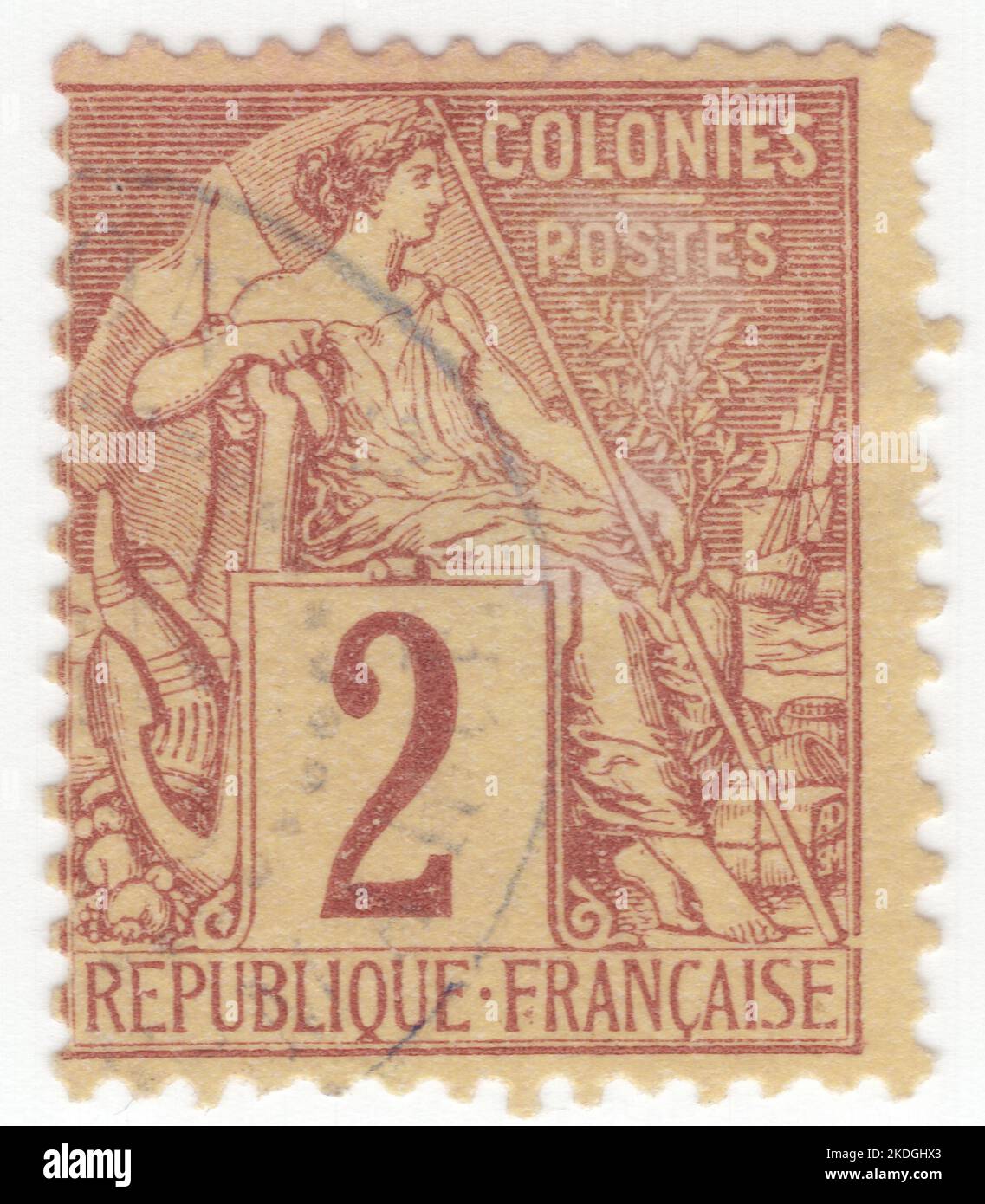 FRENCH COLONIES 1881 An 2 centimes brown on buff postage stamp