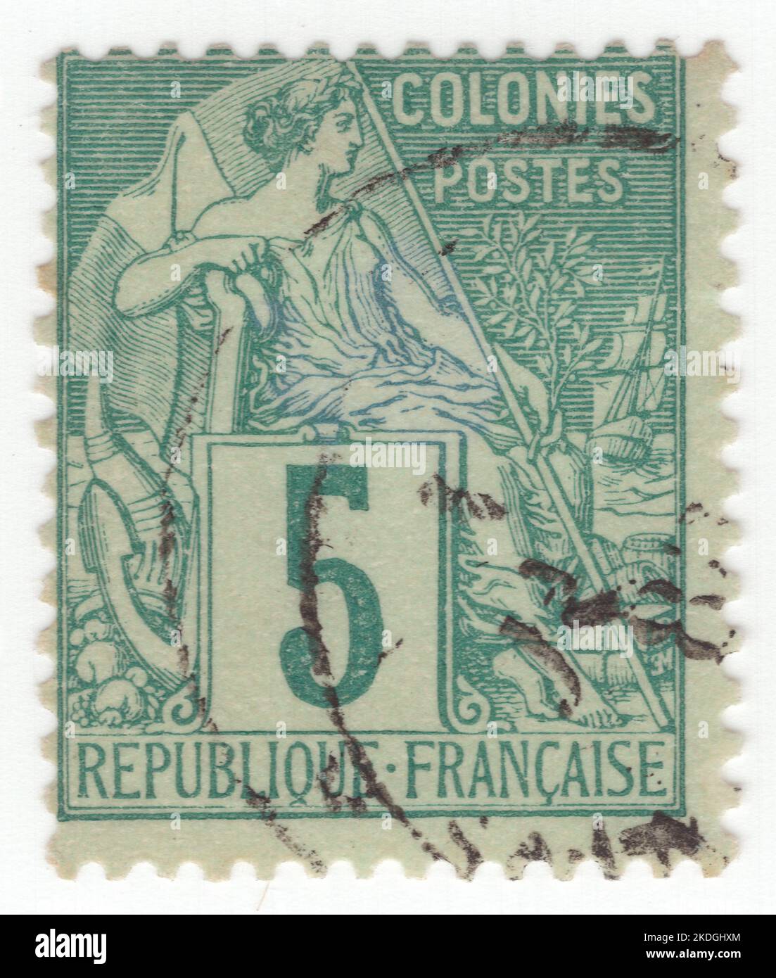 FRENCH COLONIES - 1881: An 5 centimes green on greenish postage stamp depicting allegory female figure 'Commerce' sitting alone and inscribed 'COLONIES'. Series French Colonies by Alphee Dubois Stock Photo