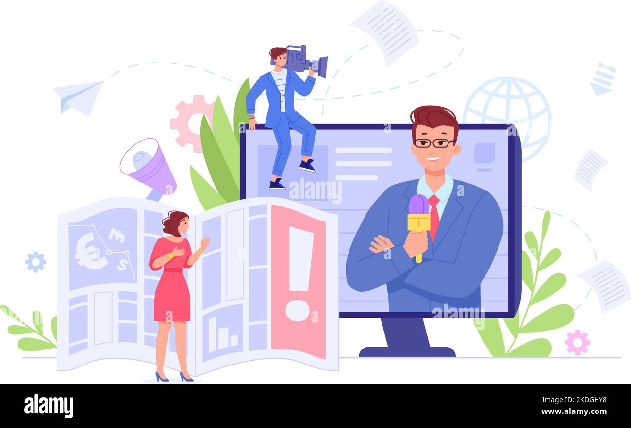 Media anchor. Newscaster person presentation global news report, tv host broadcast announcer on