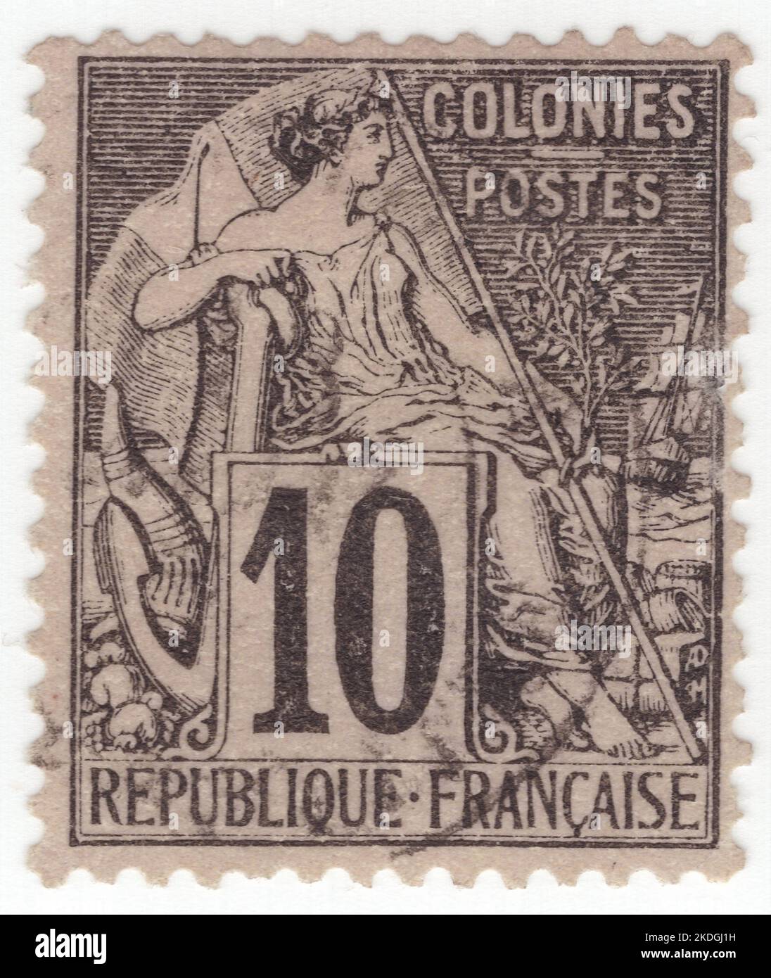 FRENCH COLONIES - 1881: An 10 centimes black on lavender postage stamp depicting allegory female figure 'Commerce' sitting alone and inscribed 'COLONIES'. Series French Colonies by Alphee Dubois Stock Photo