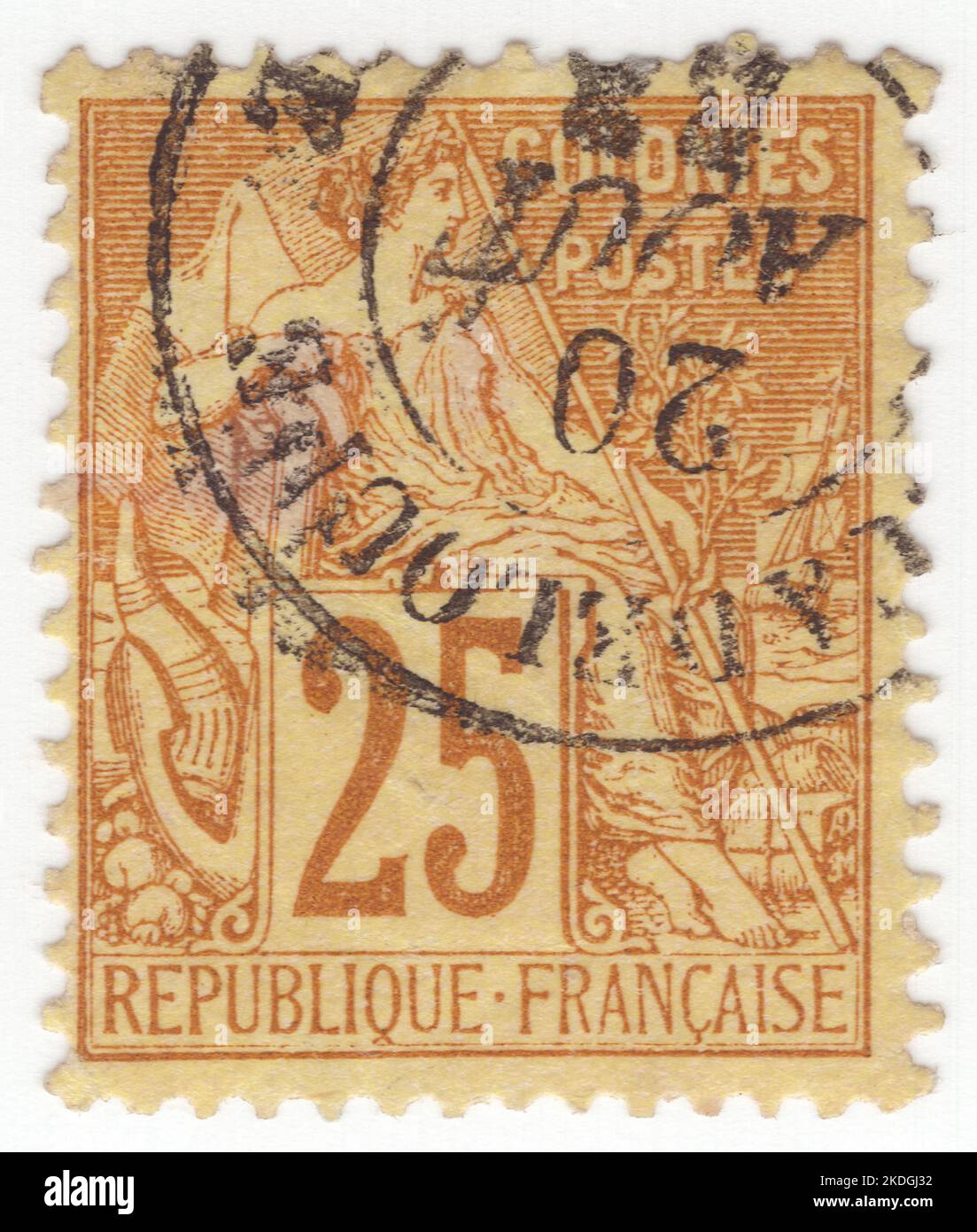 FRENCH COLONIES - 1881: An 25 centimes yellow-brown on straw postage stamp depicting allegory female figure 'Commerce' sitting alone and inscribed 'COLONIES'. Series French Colonies by Alphee Dubois Stock Photo