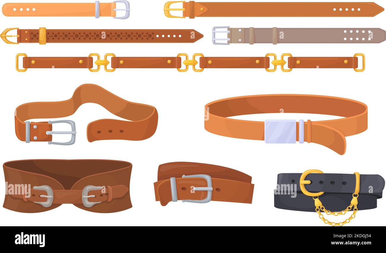 Leather straps. Cartoon belts with unbutton metal buckles, leathers horizontal strip, fashion belt for clothes waist decoration lock golden chain clasp, neat vector illustration of lock belt metal Stock Vector