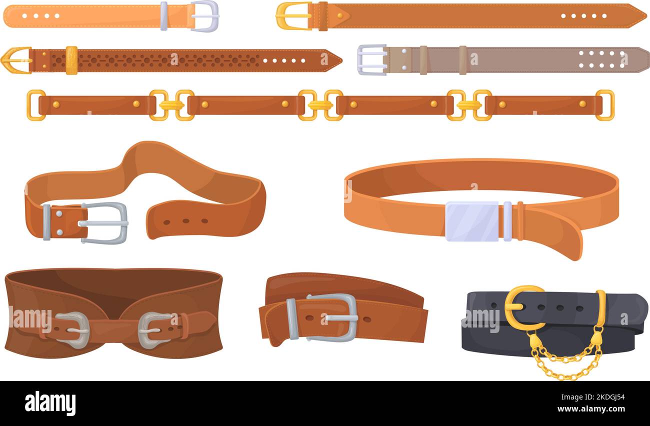 Leather straps. Cartoon belts with unbutton metal buckles, leathers