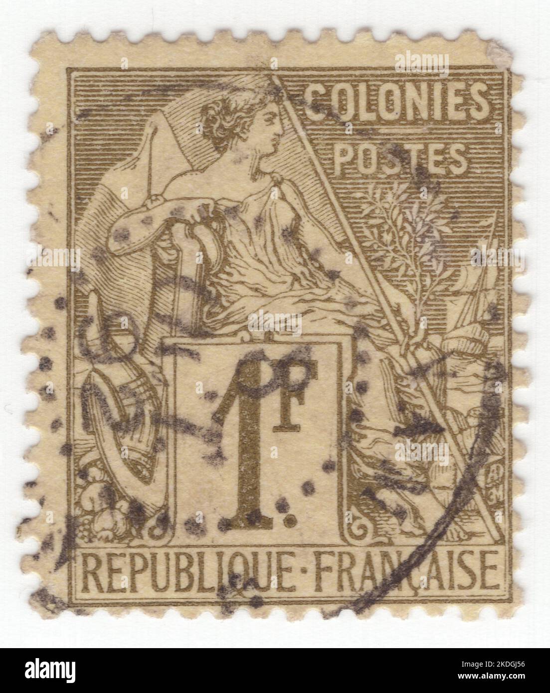 FRENCH COLONIES - 1881: An 1 franc bronze-green on straw postage stamp depicting allegory female figure 'Commerce' sitting alone and inscribed 'COLONIES'. Series French Colonies by Alphee Dubois Stock Photo