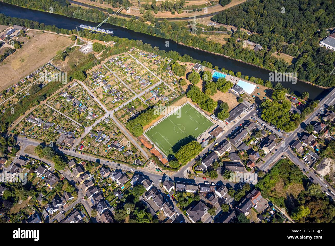 Aerial view, outdoor swimming pool Hesse, soccer field DJK Dellwig 1910