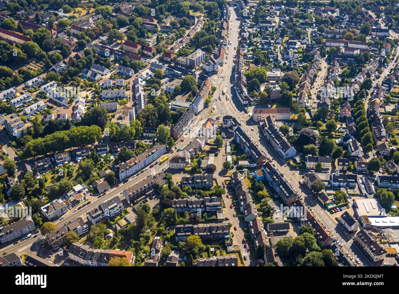 Aerial view, stop Essen Fliegenbusch, street junction with Schloßstraße,  Frintroper Straße, Altendorfer Straße, Borbeck-Mitte, Essen, Ruhrgebiet,  Nort Stock Photo - Alamy