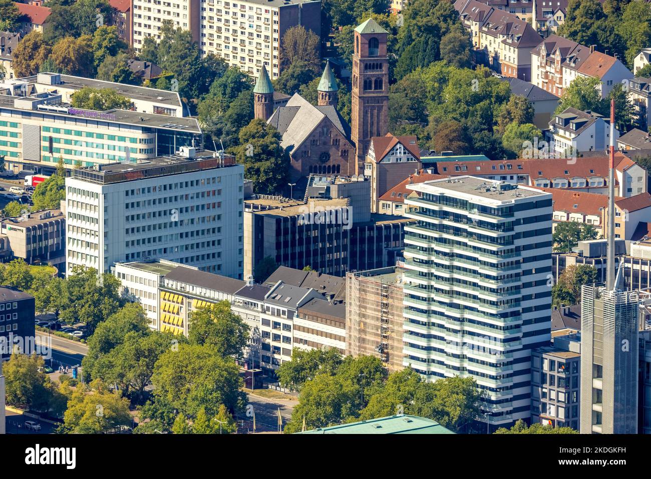 Aerial view, new construction residential building high-rise Huyssen Quartier, Erlöserkirche Essen, Südviertel, Essen, Ruhrgebiet, North Rhine-Westpha Stock Photo