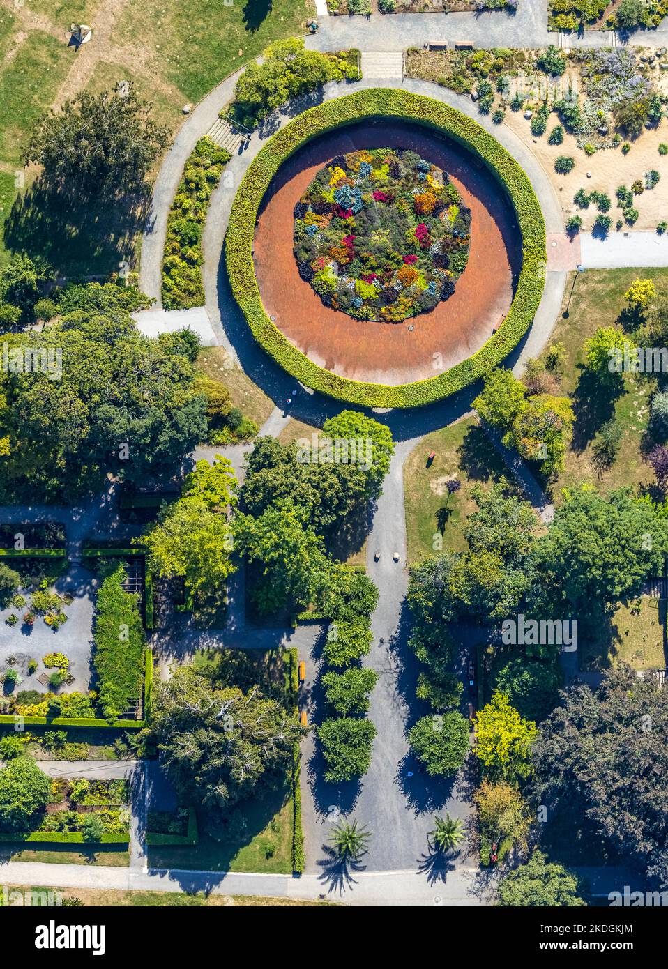 Aerial view, botanical garden in Grugapark, circle of flowers, circular