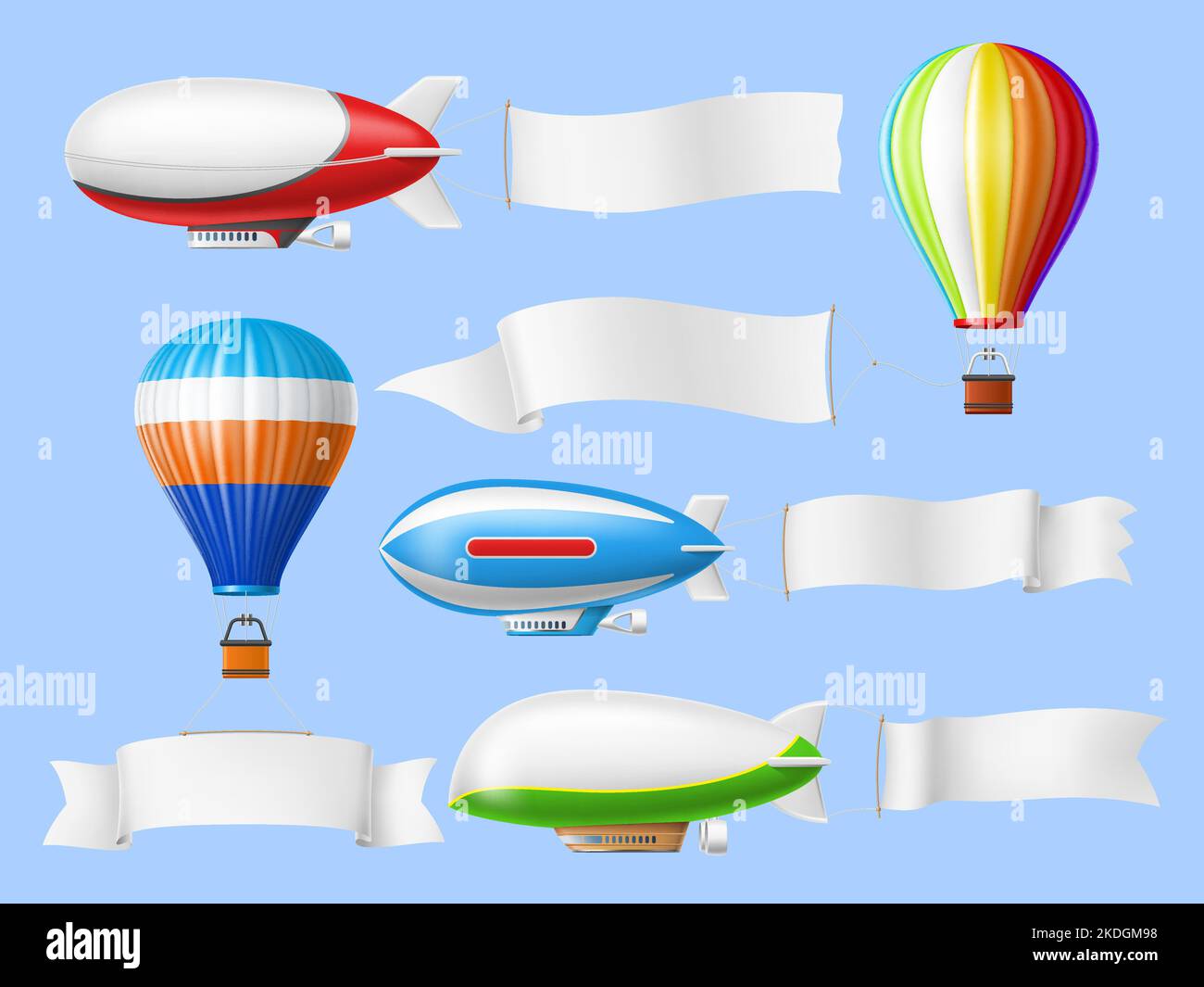 Advertising banners dirigibles. Flying retro airships, hot air balloons