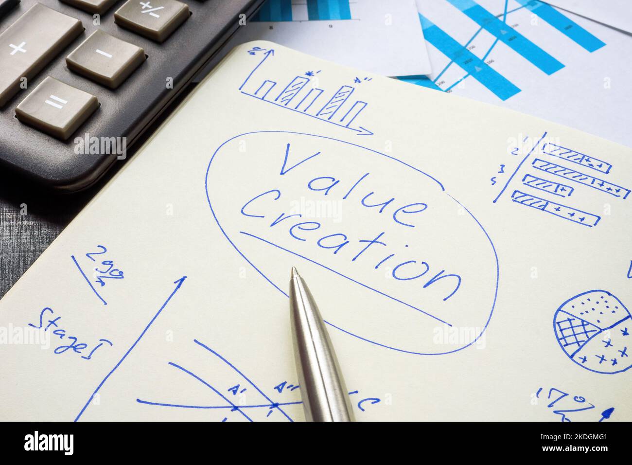 Open notepad with notes about value creation. Stock Photo