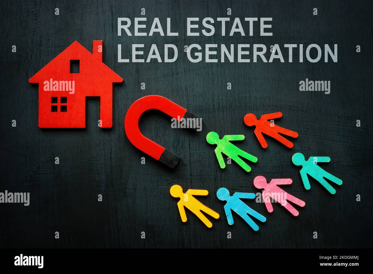 Figurines, house and magnet. Real estate lead generation concept. Stock Photo