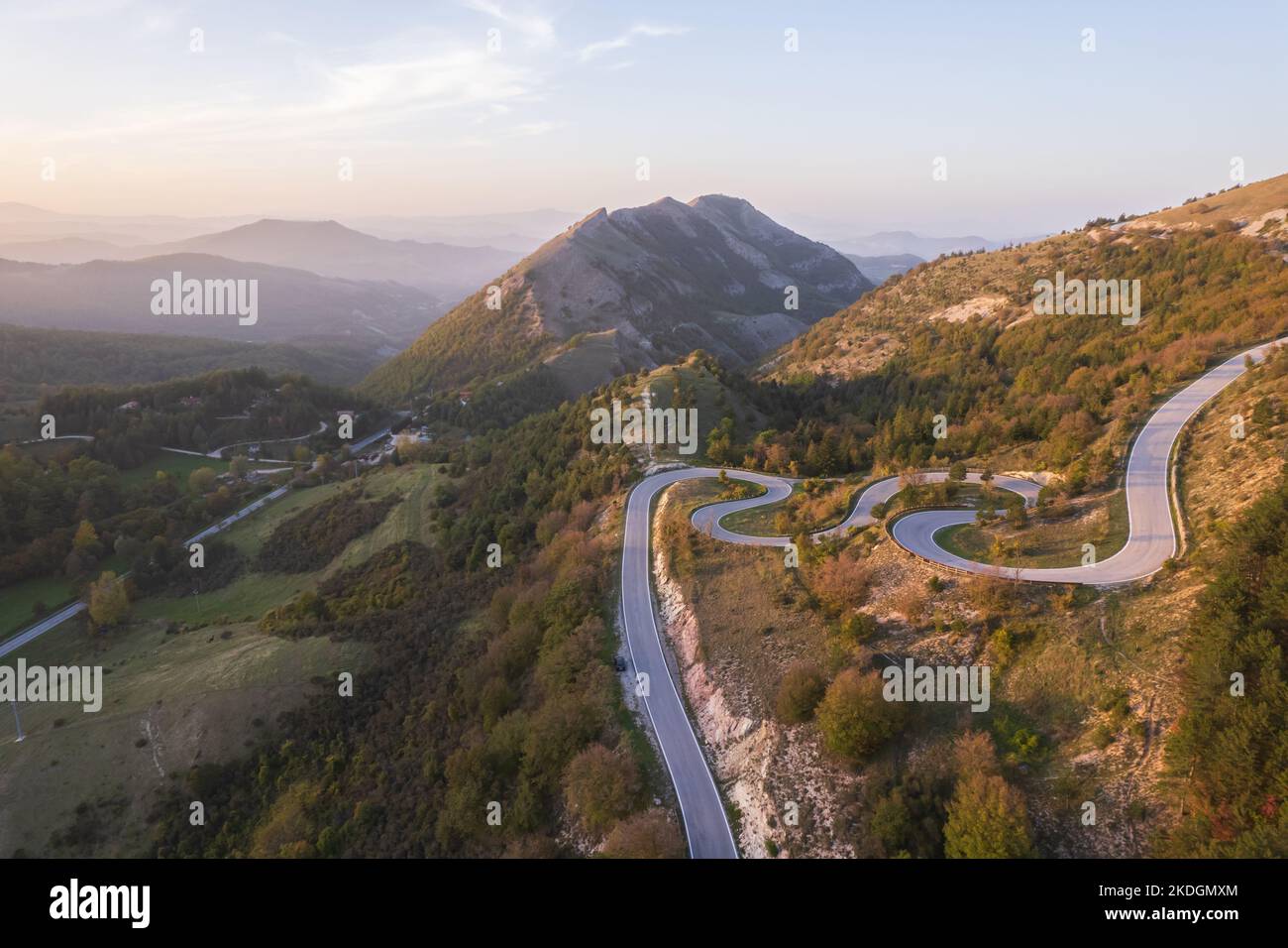 Aerial view of curvy road on monte Nerone slope in Marche region in Italy Stock Photo