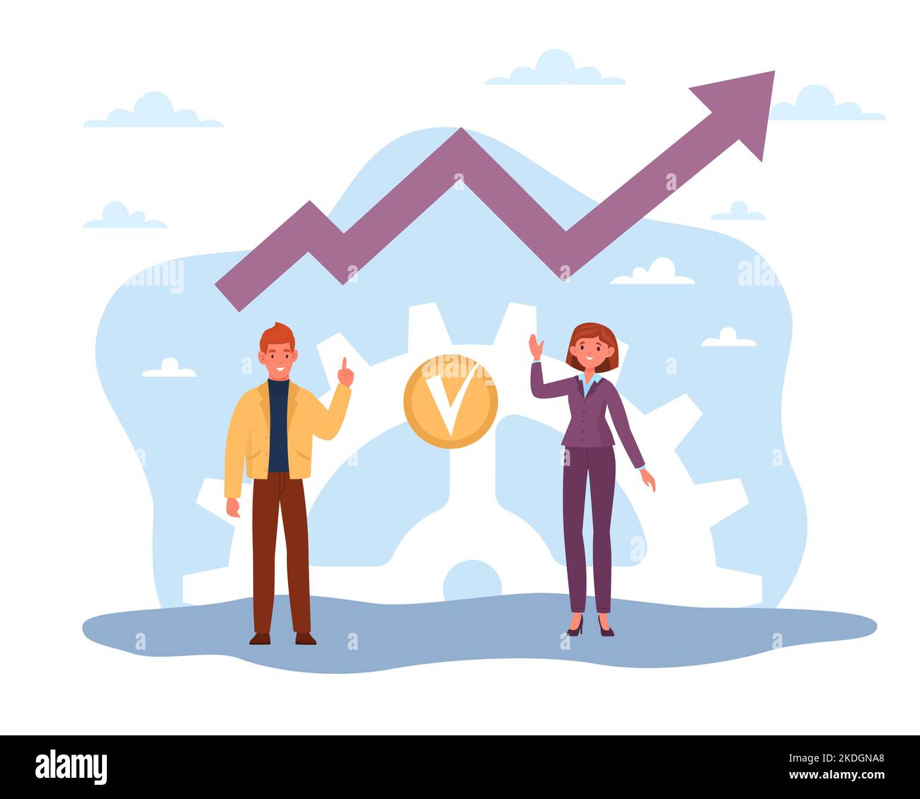 Productive work, productivity. Businessman and woman with growth arrow, company development, effective project, success strategy, target and goal Stock Vector