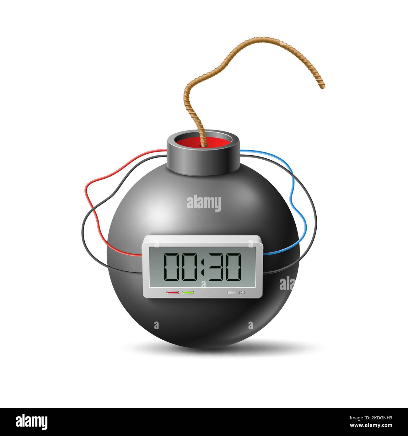 Realistic bomb clock. Classic explosive type with fuse and clockwork
