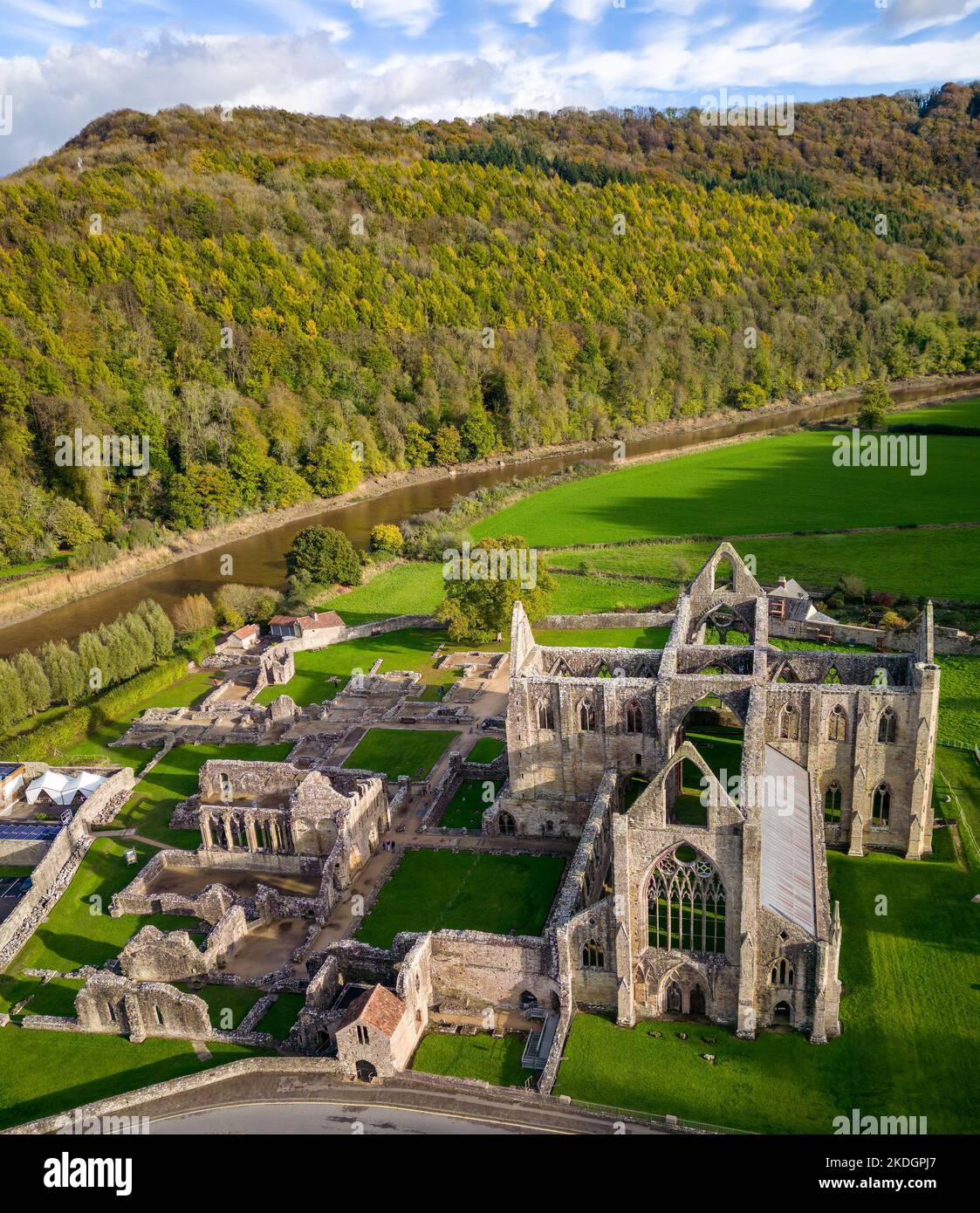 Aerial view of an ancient ruined monastery in Wales (Tintern Abbey