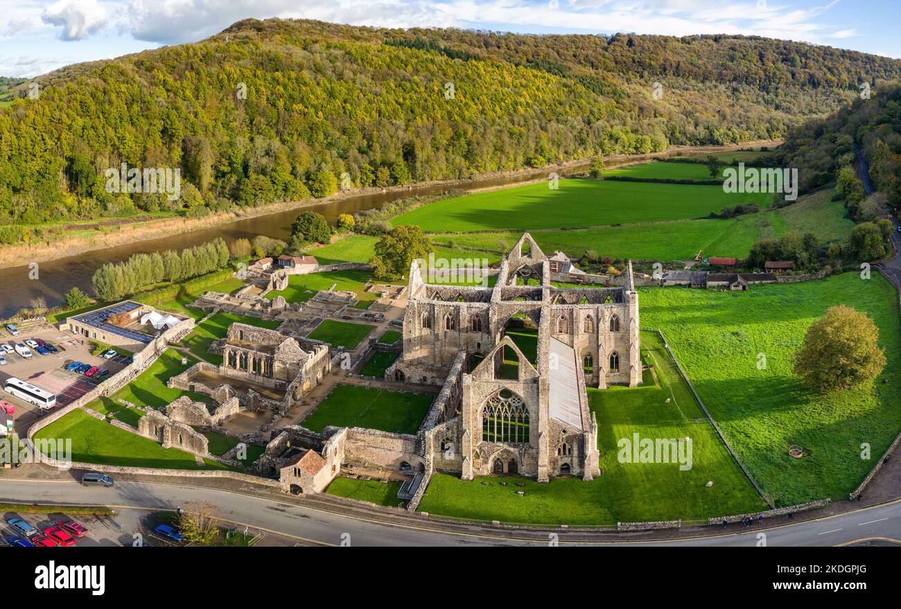 Aerial view of an ancient ruined monastery in Wales (Tintern Abbey. circa 12th century AD) Stock Photo