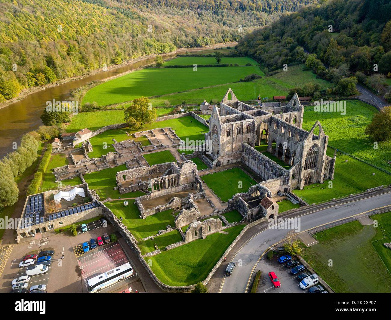 Aerial view of an ancient ruined cistercian monastery (Tintern Abbey, Wales. Built circa 12th century AD) Stock Photo