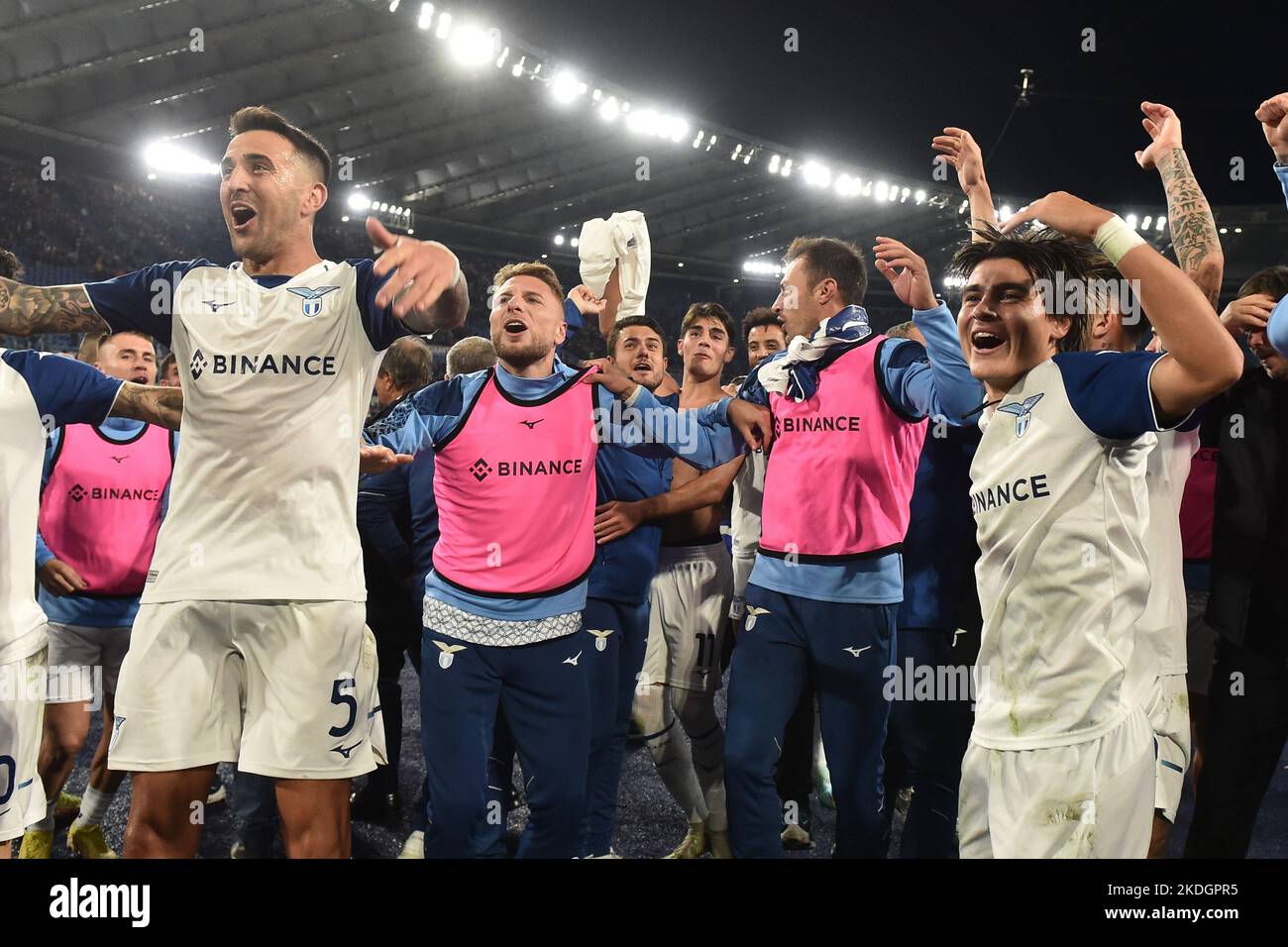 Roma, Italy. 06th Nov, 2022. Ciro Immobile and team mate of SS Lazio celebrate at the end of the Serie A football match between AS Roma and SS Lazio at Olimpico stadium in Rome (Italy), November 6th, 2022. Photo Antonietta Baldassarre/Insidefoto Credit: Insidefoto di andrea staccioli/Alamy Live News Stock Photo
