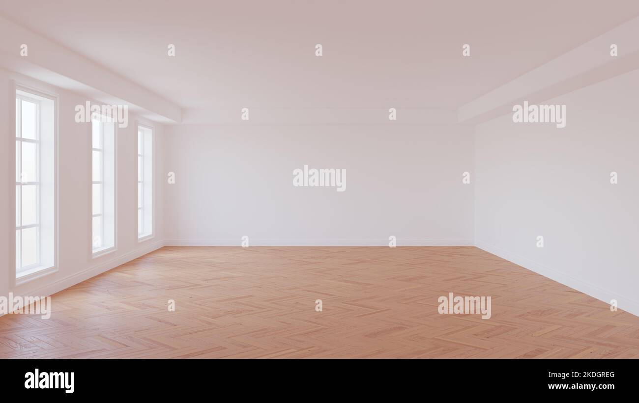 Empty Interior with White Walls, Ceiling and Cornice, Three Large Windows, Glossy Herringbone Parquet Floor and a White Plinth. Empty Room. Beautiful Interior Concept, 3D illustration. 8K Ultra HD Stock Photo
