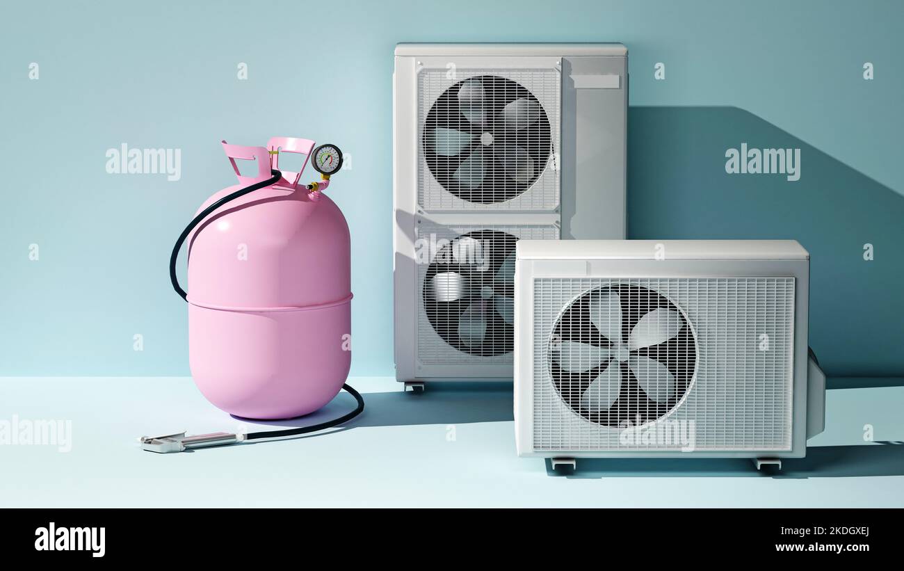 pink tank for refilling freon next to the air conditioning system with