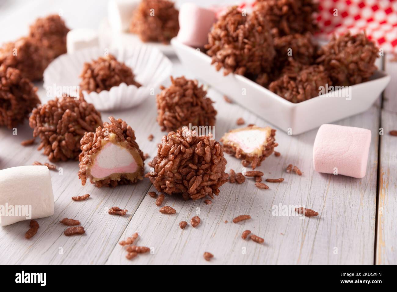 Homemade Caramel Marshmallows covered in chocolate flavor puffed rice, sweet treat easy to make