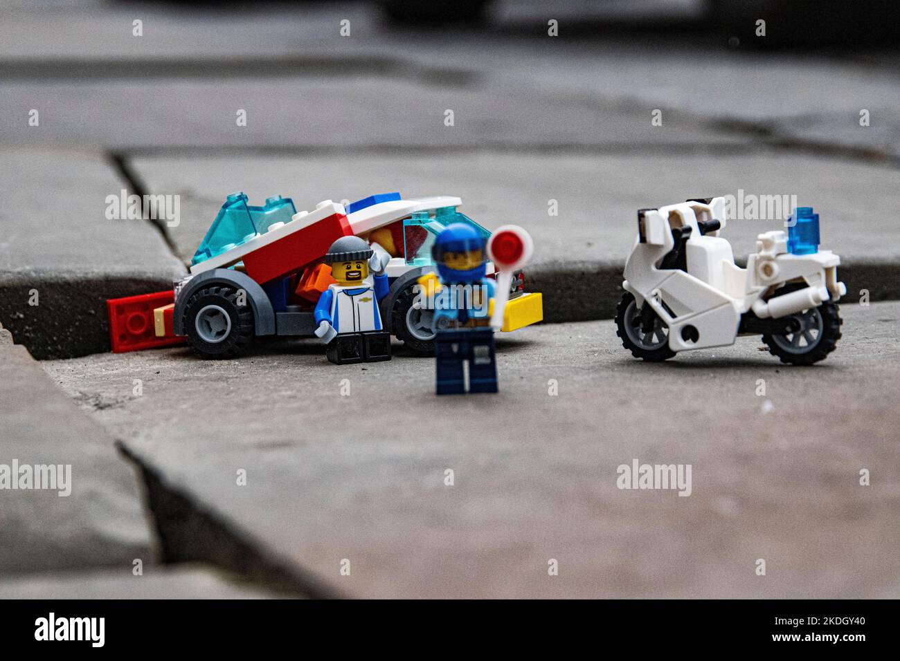 Lego models, Crashes, small Lego in a big world Stock Photo